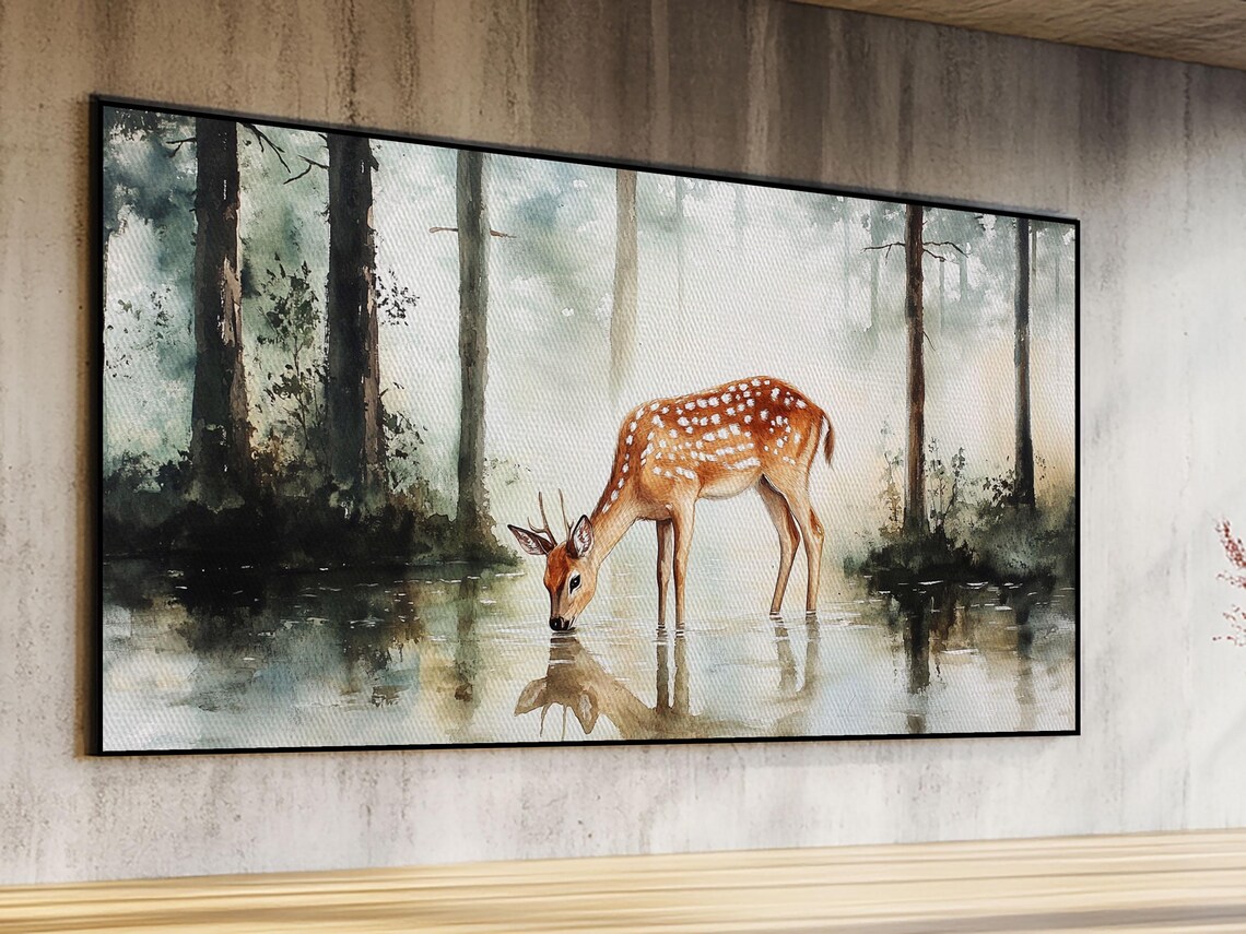 Spotted Deer Drinking Water Panoramic Painting Misty Forest Reflection Poster - Image 6