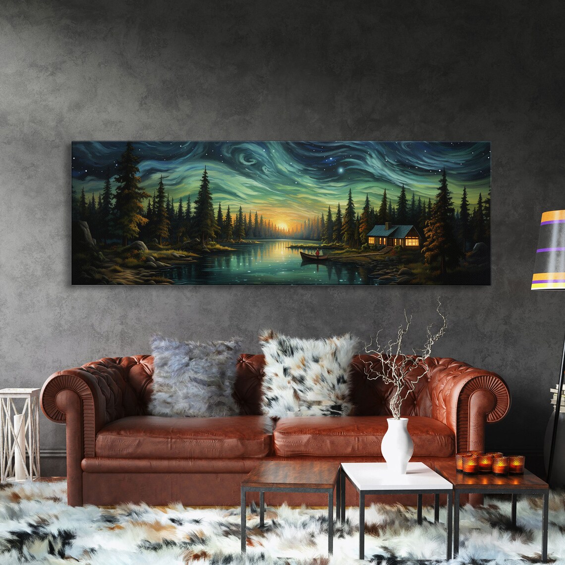 Van Gogh Inspired Starry Night Farmhouse Painting Lake Pine Forest Swirling Sky Poster - Image 3