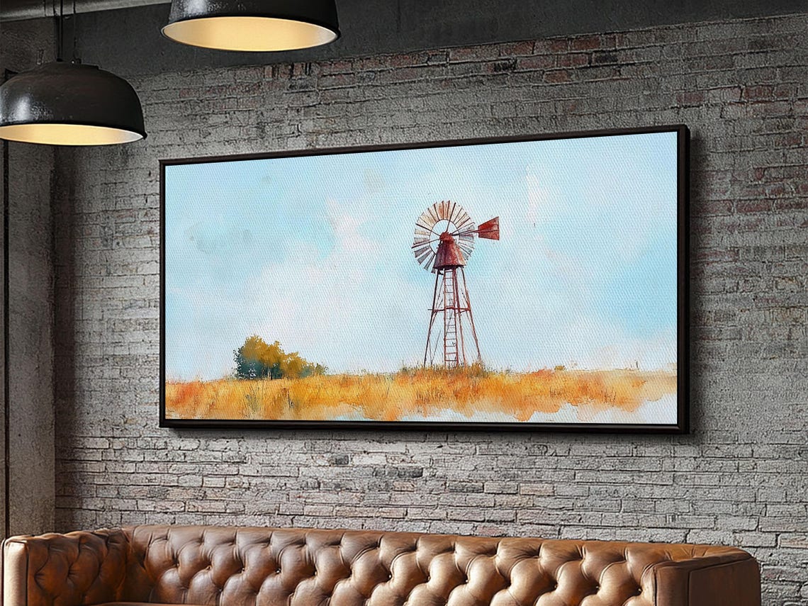 Rustic Windmill Framed Print Perfect Above Sofa Farmhouse Art Panoramic Artwork Wabi Sabi Inspired Bedroom Horizontal Wall Art - Image 2