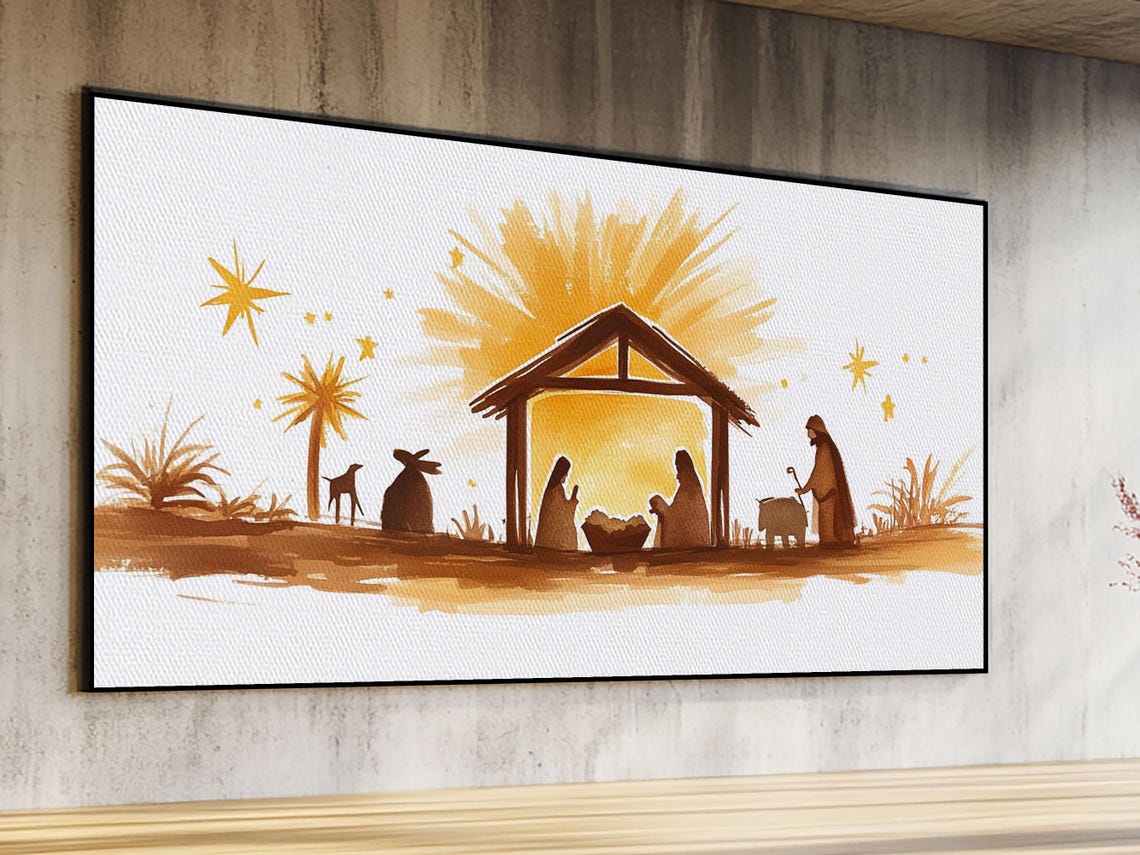 Minimalist Golden Nativity Silhouette Watercolor Christmas Wall Art - Image 2