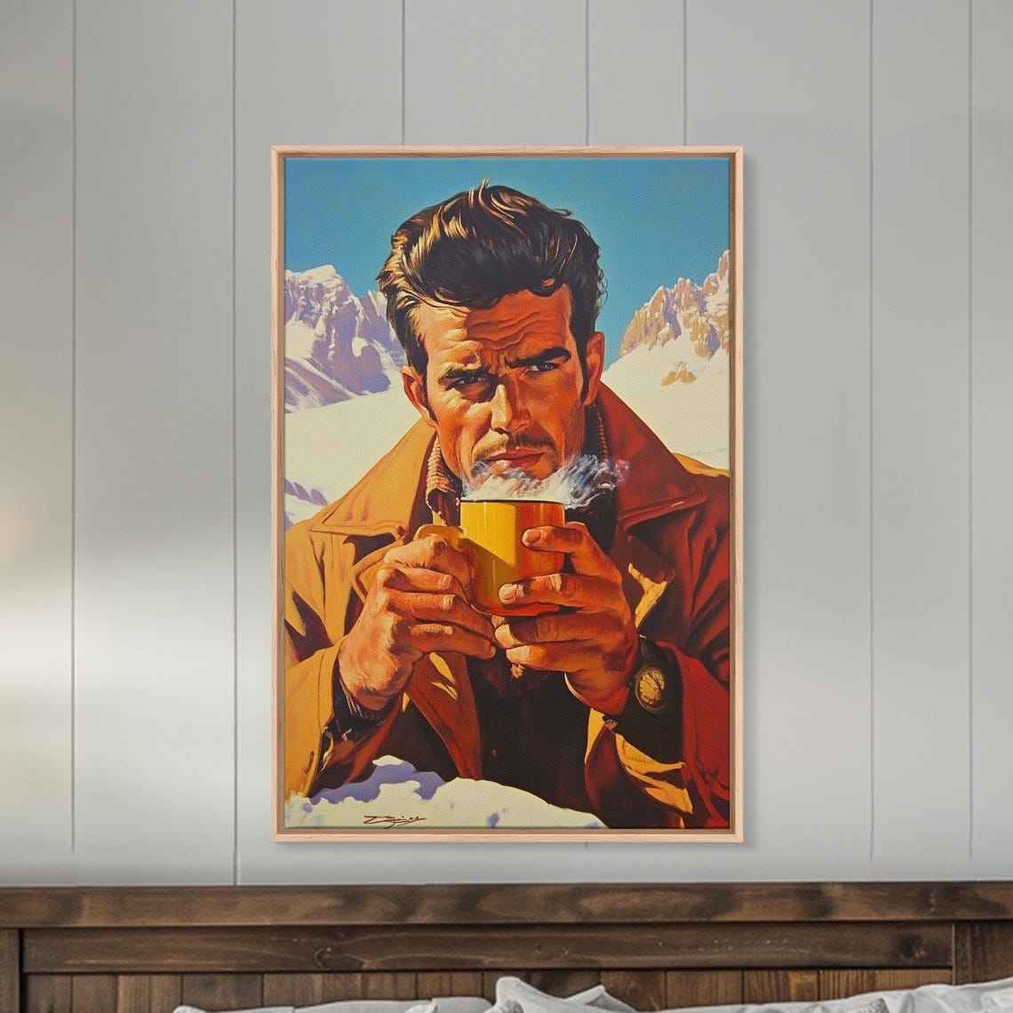 Rugged Man Drinking Hot Coffee Snowy Mountain Morning Art Poster - Image 2