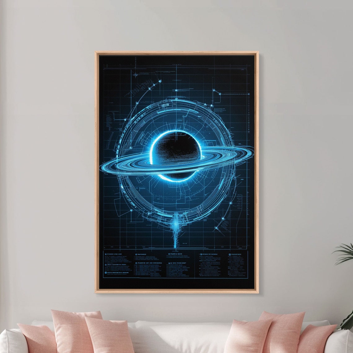 Blueprint Ringed Planet Schematic Glowing Blue Space Art Print