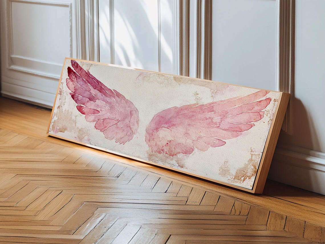 Pink Angel Wings Watercolor Whimsical Romantic Nursery Wall Art - Image 5