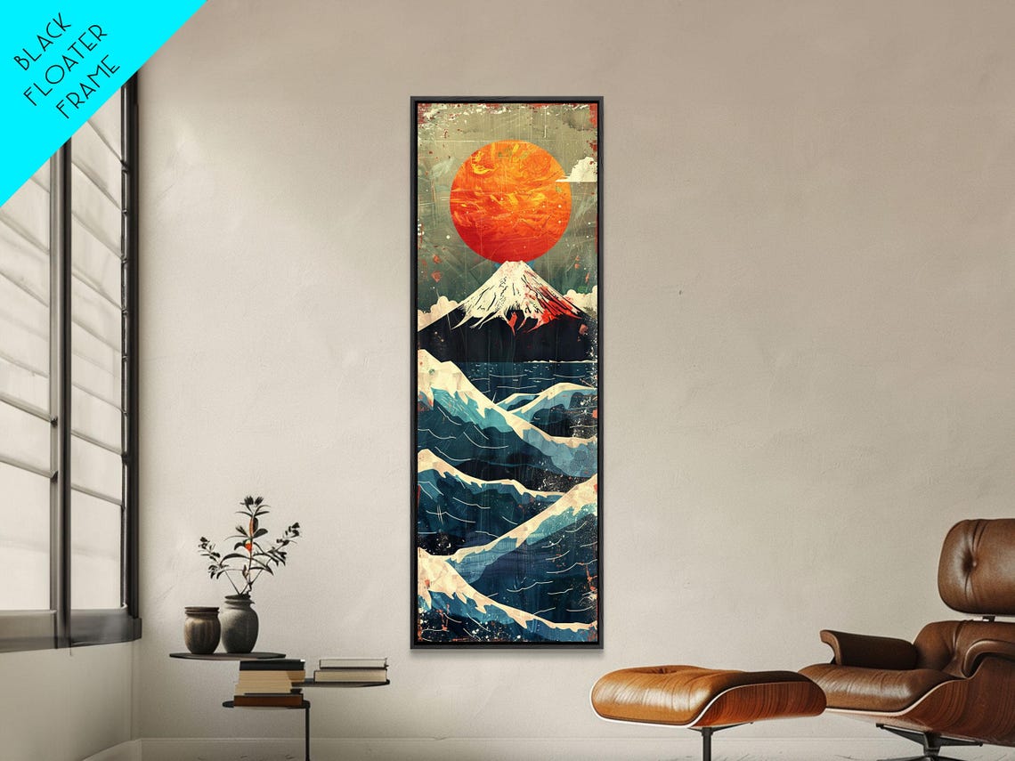 Mount Fuji Beneath Giant Red Sun Above Ocean Waves Vintage Poster - Image 3