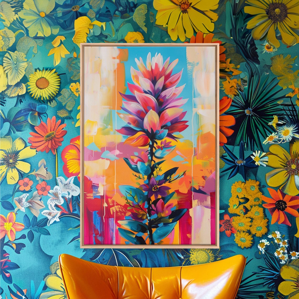 Vibrant Abstract Flower Blossom On Turquoise Background Art Poster - Image 2