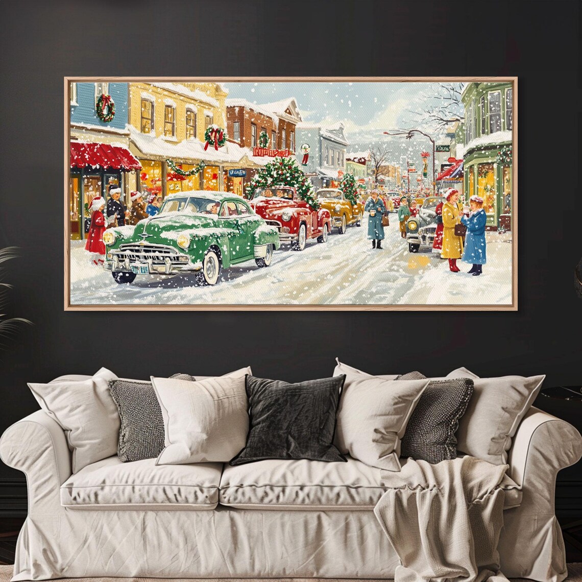 1950s Small Town Main Street At Christmas With Classic Cars Poster - Image 4