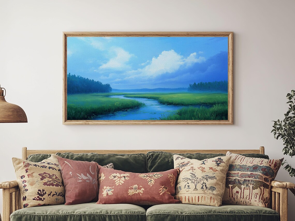 Serene Marshland River Landscape Green Meadow Blue Sky Panoramic Art Poster - Image 5