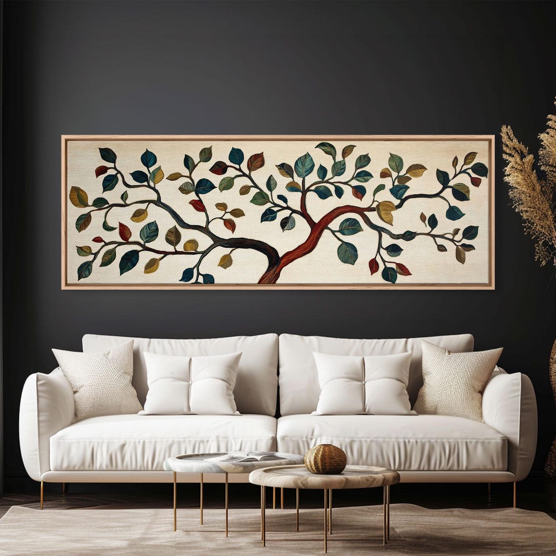 Boho Tree Branch Textile Style Colorful Leaves Panoramic Art Print - Image 5