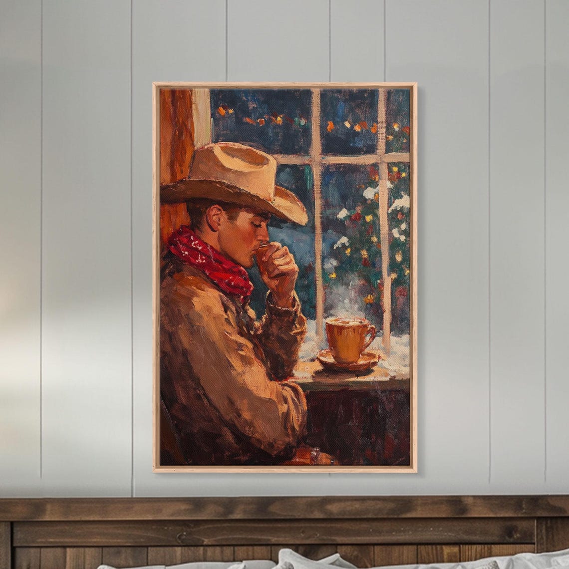 Cowboy Sipping Coffee By Night Window Steaming Mug Cozy Western Poster