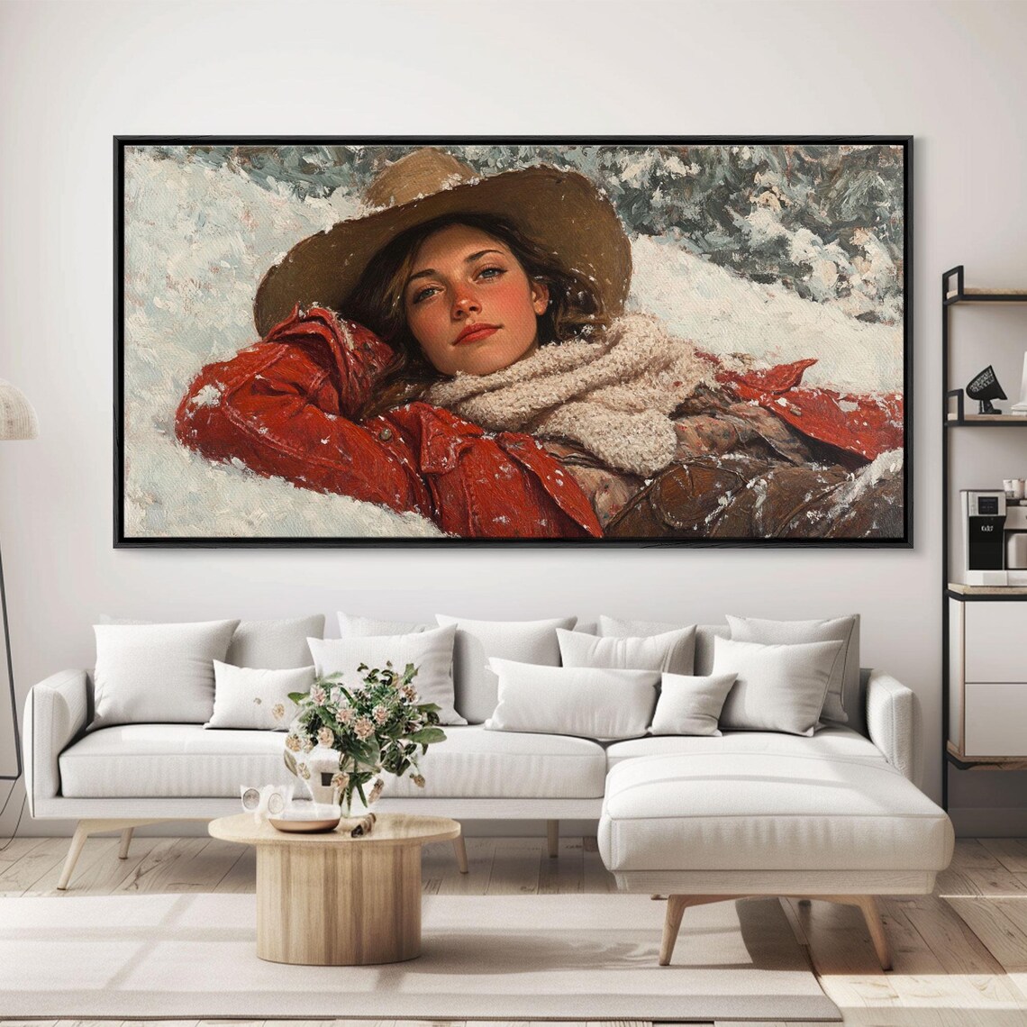 Cowgirl Lying In Snow In Red Jacket Peaceful Winter Portrait Poster - Image 2