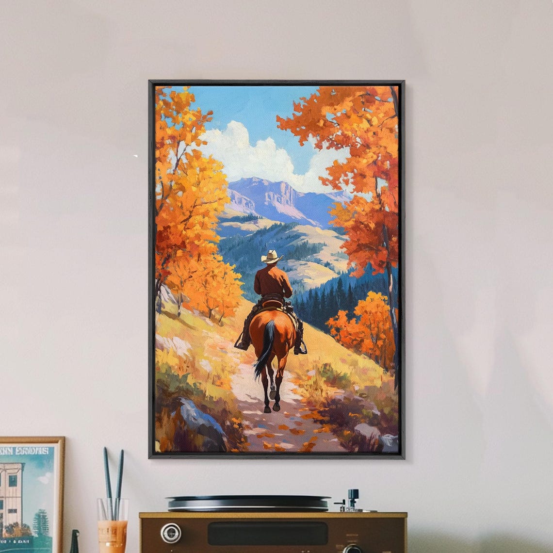 Cowboy Riding Through Autumn Trees Golden Fall Trail Mountain Poster - Image 4