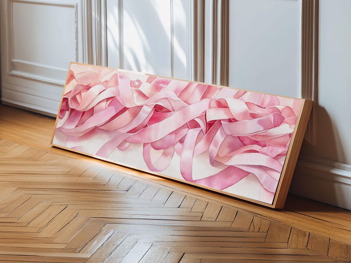 Soft Pink Silk Ribbon Swirls Abstract Minimalist Panoramic Art Poster