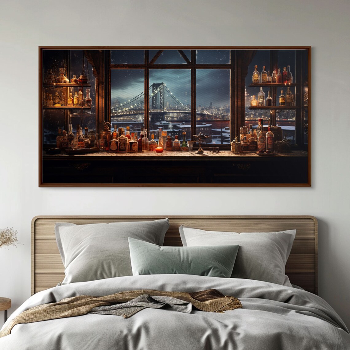 Winter Night Bar City Bridge Window View Vintage Painting Poster - Image 5