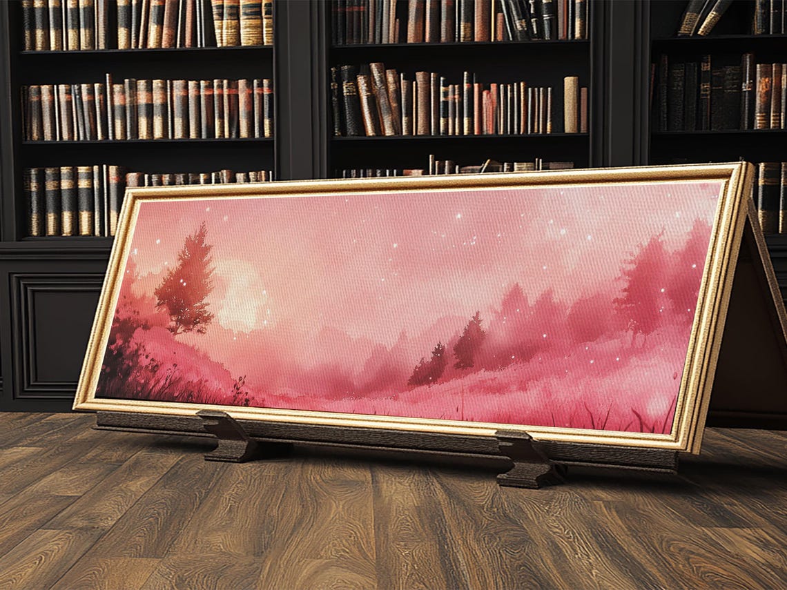 Misty Pink Pine Forest Starry Night Sky Dreamy Landscape Wall Art - Image 6