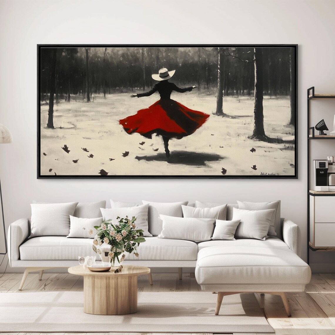 Dancing Cowgirl In Red Dress In Snowy Monochrome Forest Art Poster - Image 3