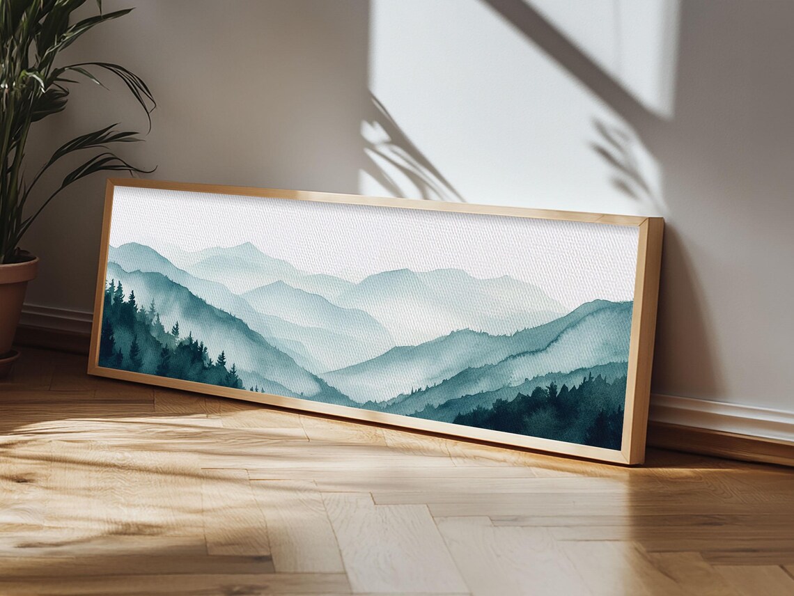 Indigo And Emerald Green Blue Ridge Mountains Framed Print Panoramic Home Decor Horizontal Art Mountain Landscape Painting - Image 2