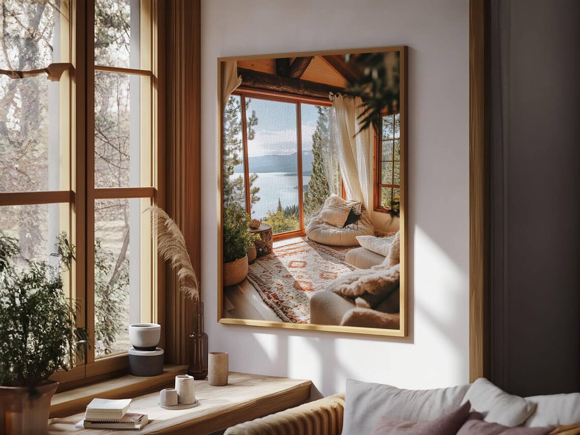 Cozy Lakeside Cabin Sunroom Panoramic Mountain Lake View Rustic Travel Poster