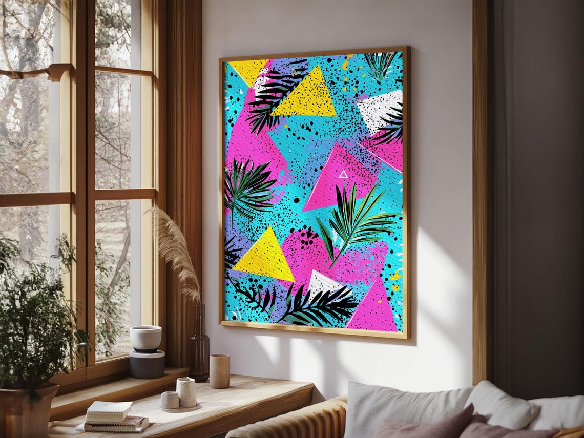 Retro 90s Neon Triangles Palm Leaves Turquoise Pink Pop Wall Art
