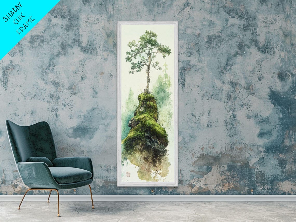 Lone Pine Tree on Mossy Rock Misty Green Watercolor Zen Wall Art - Image 2