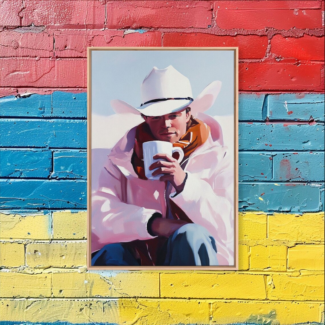 Cowboy In White Hat Holding White Mug Bright Snowy Winter Art Poster