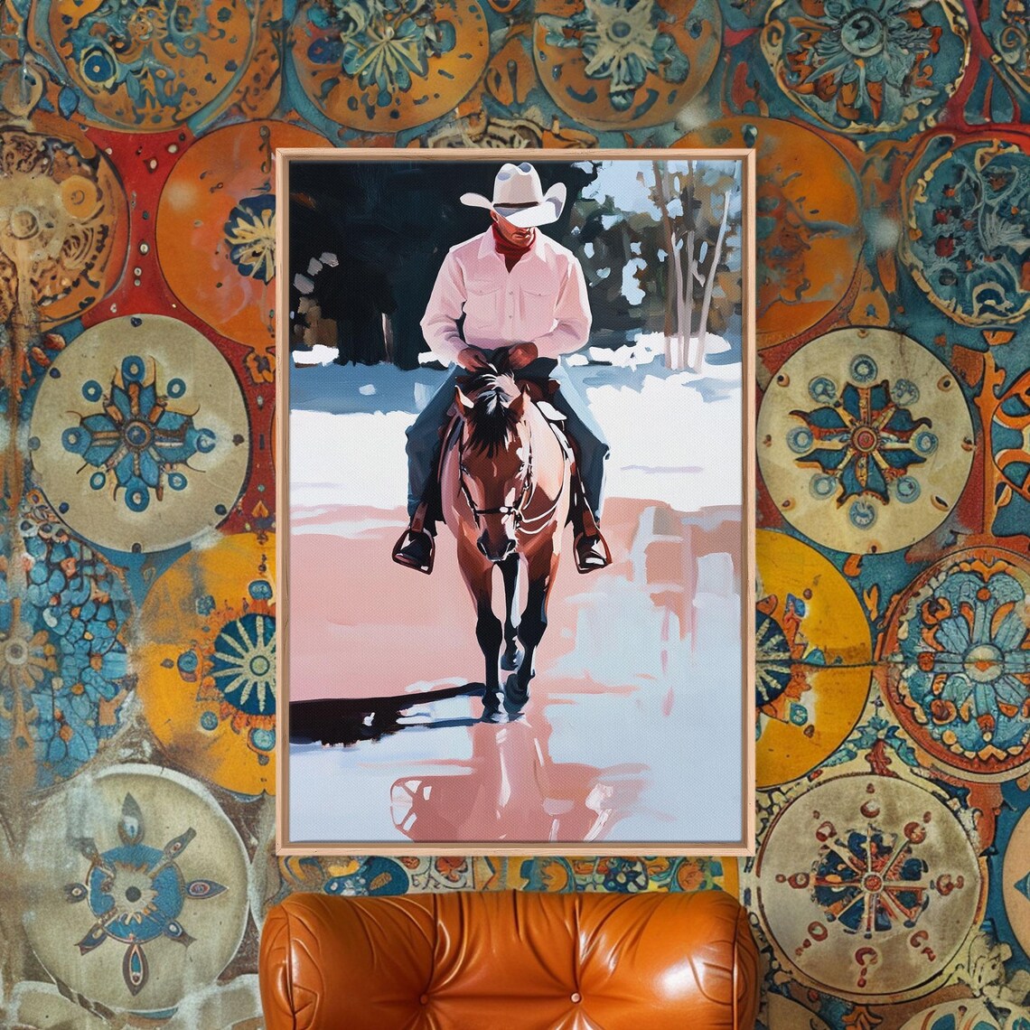Cowboy Riding Horse Through Snowy Icy Creek Winter Morning Art Poster