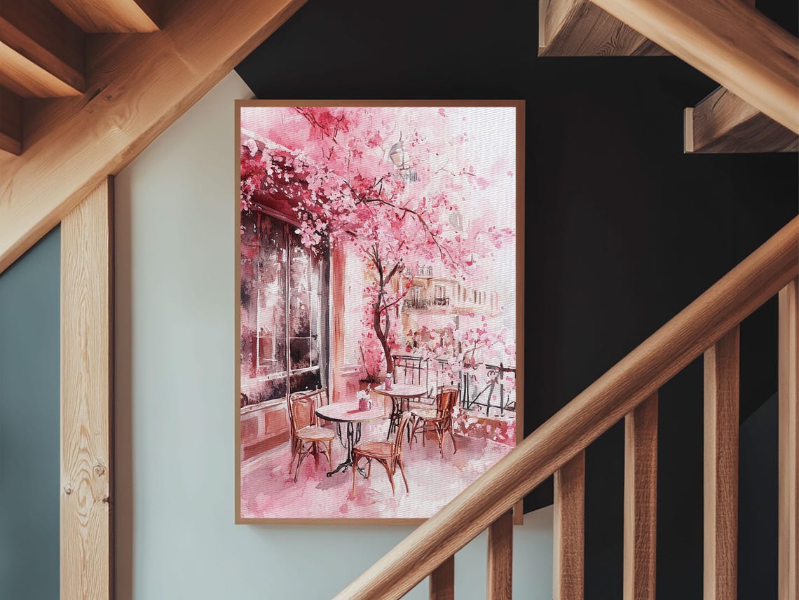 Cherry Blossom Cafe Street Scene Pink Watercolor Romantic Art Poster - Image 3