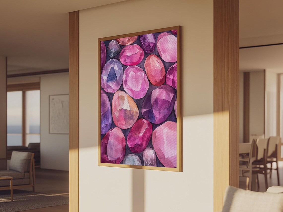 Vibrant Pink Gemstone Faceted Crystal Watercolor Art Wall Poster