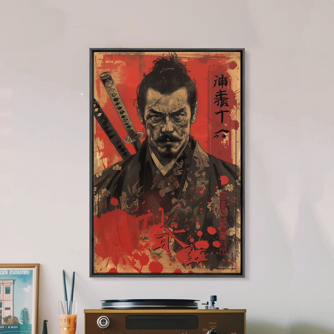 Samurai Warrior Floral Kimono Katanas Blood Red Distressed Poster - Image 4