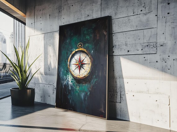 Brass Pocket Compass Oil Painting Dark Teal Nautical Adventure Art Print
