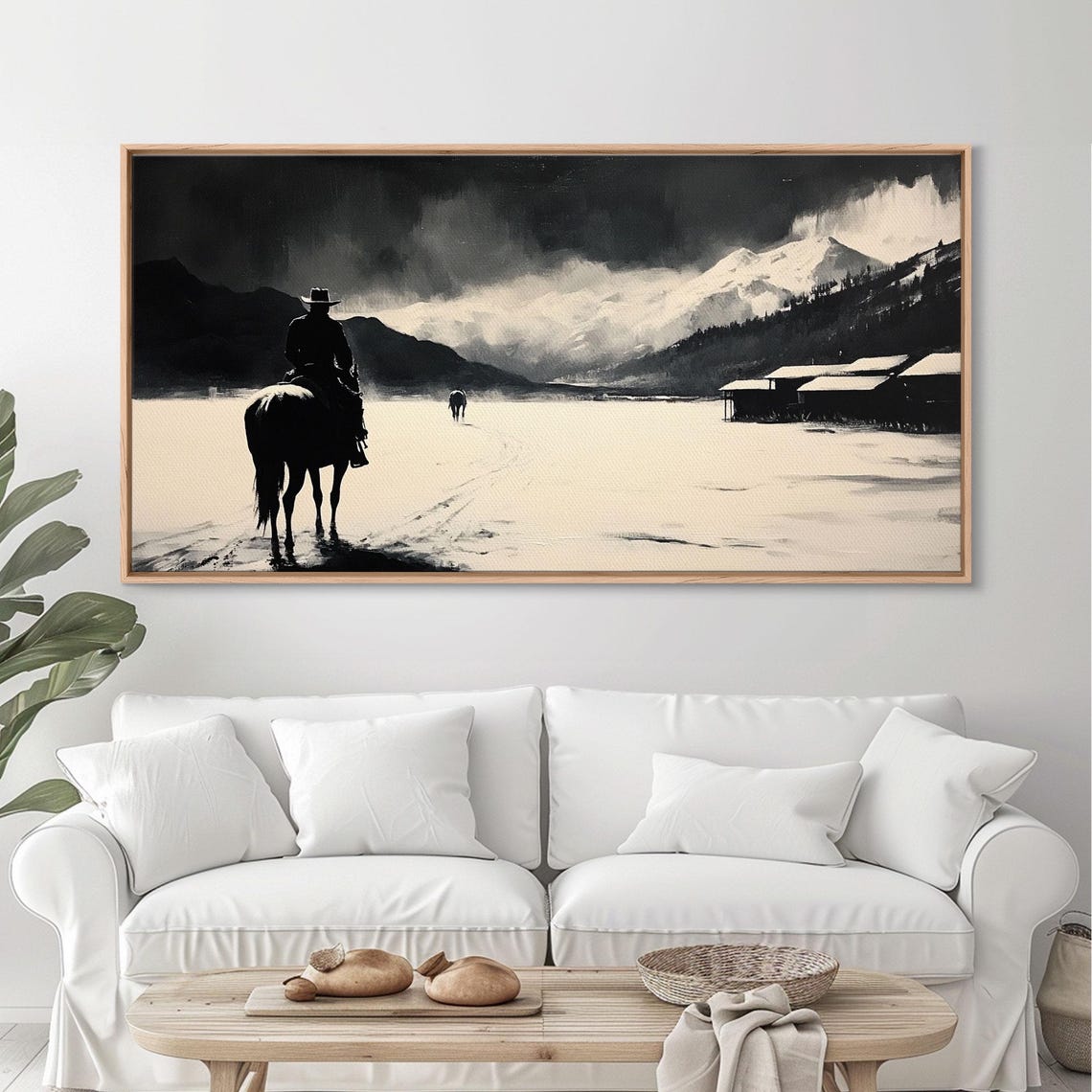 Cowboy Riding Through Snow Toward A Mountain Ranch Black White Print