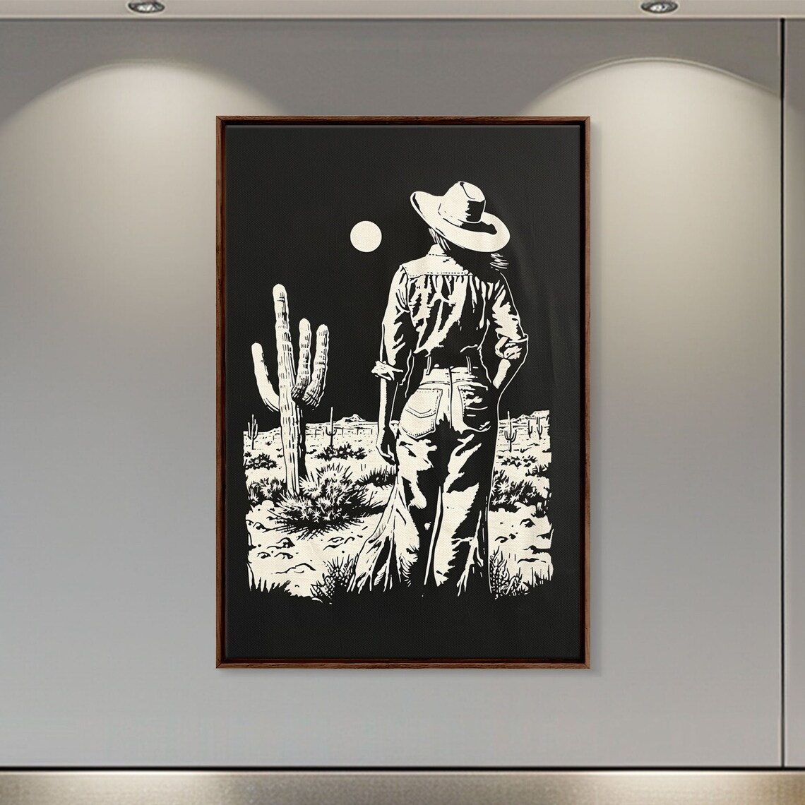 Cowgirl Silhouette Desert Moon Night Saguaro Cactus Black Art Poster - Image 2