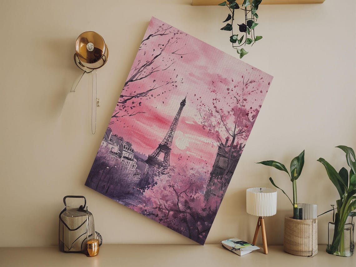 Paris Eiffel Tower With Cherry Blossoms Pink Romantic Cityscape Print - Image 2