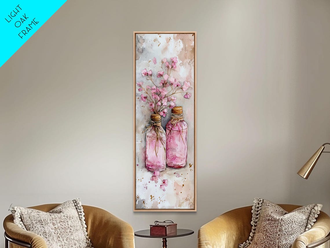 Pink Glass Bottles Wildflowers Rustic Farmhouse Watercolor Poster