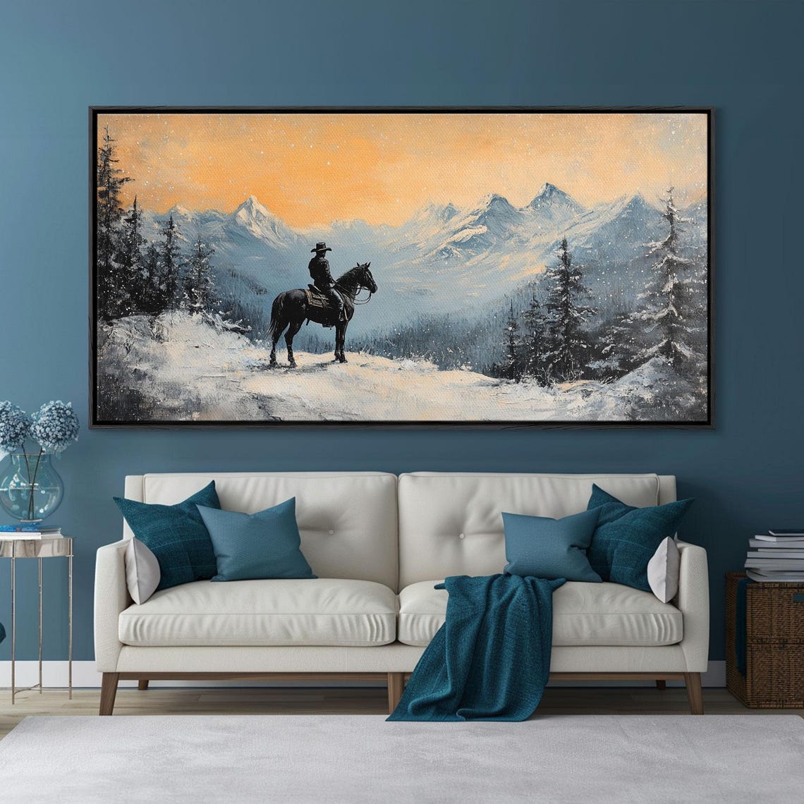 Lone Winter Cowboy On Horseback Snowy Mountain Sunset View Poster - Image 6