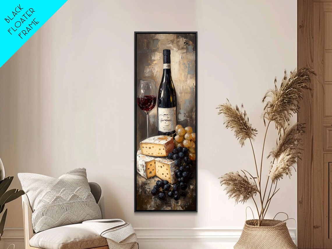 Red Wine Bottle Glass Cheese Grapes Moody Oil Painting Wall Art - Image 5