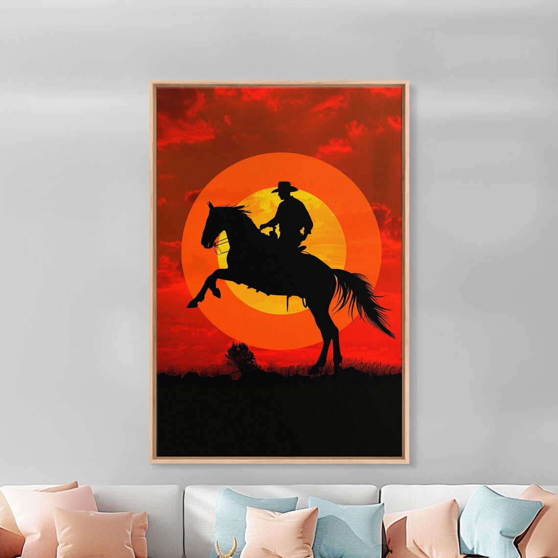 Cowboy Silhouette On Horseback Giant Sunset Western Wall Art - Image 4