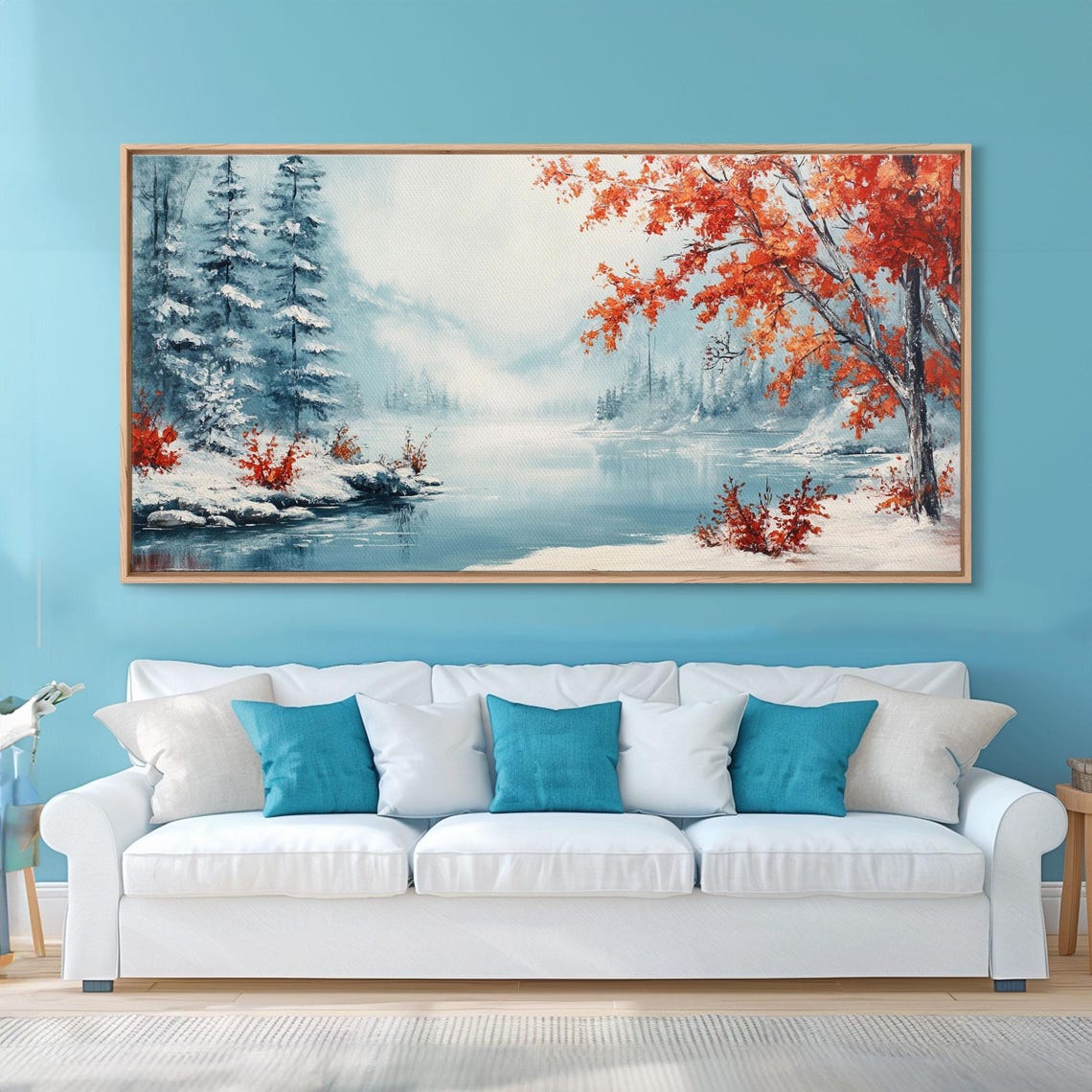 Winter Lake Snowy Pines Red Autumn Tree Icy Shoreline Landscape Poster - Image 2
