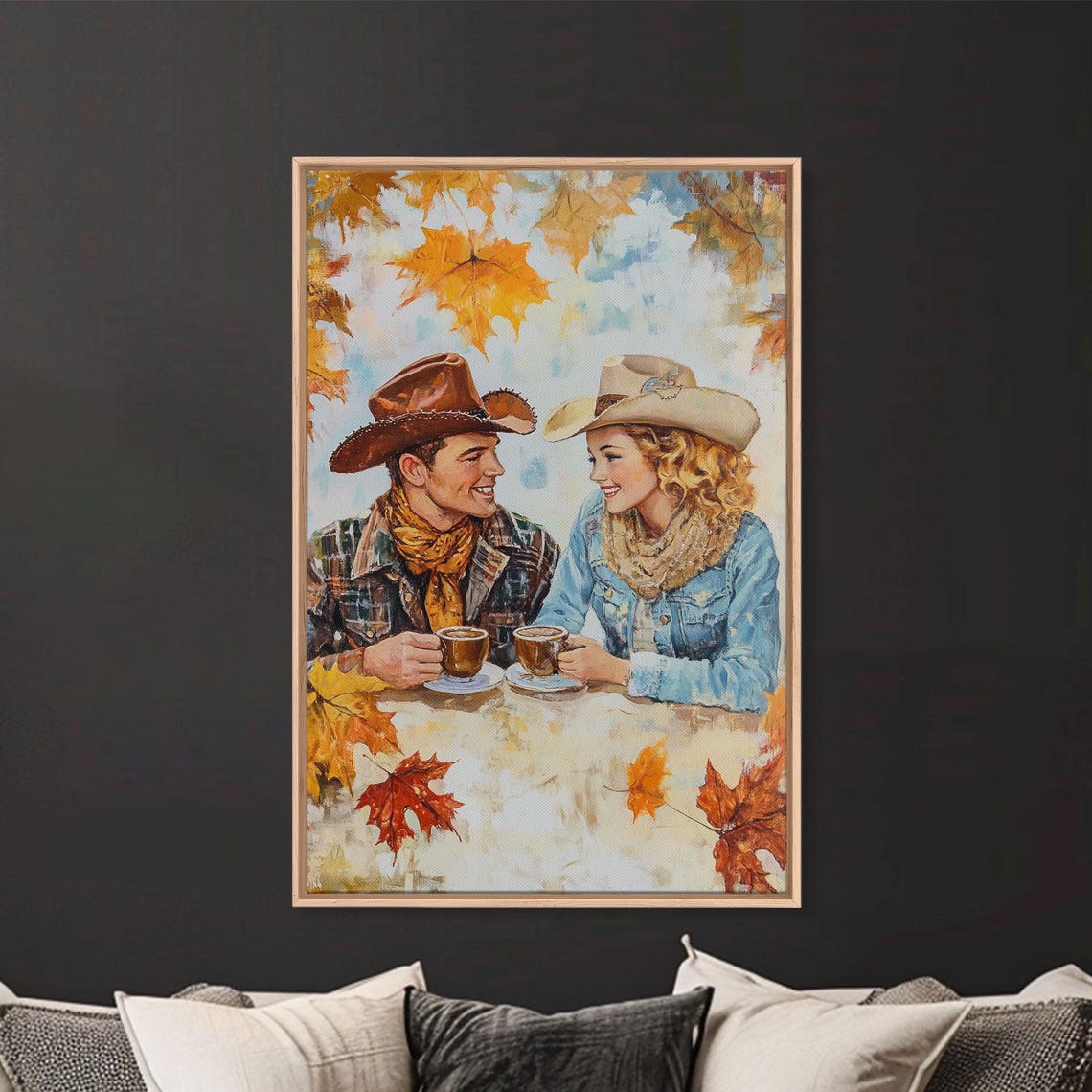 Western Couple Sharing Coffee Autumn Maple Leaves Smiling Art Poster - Image 2