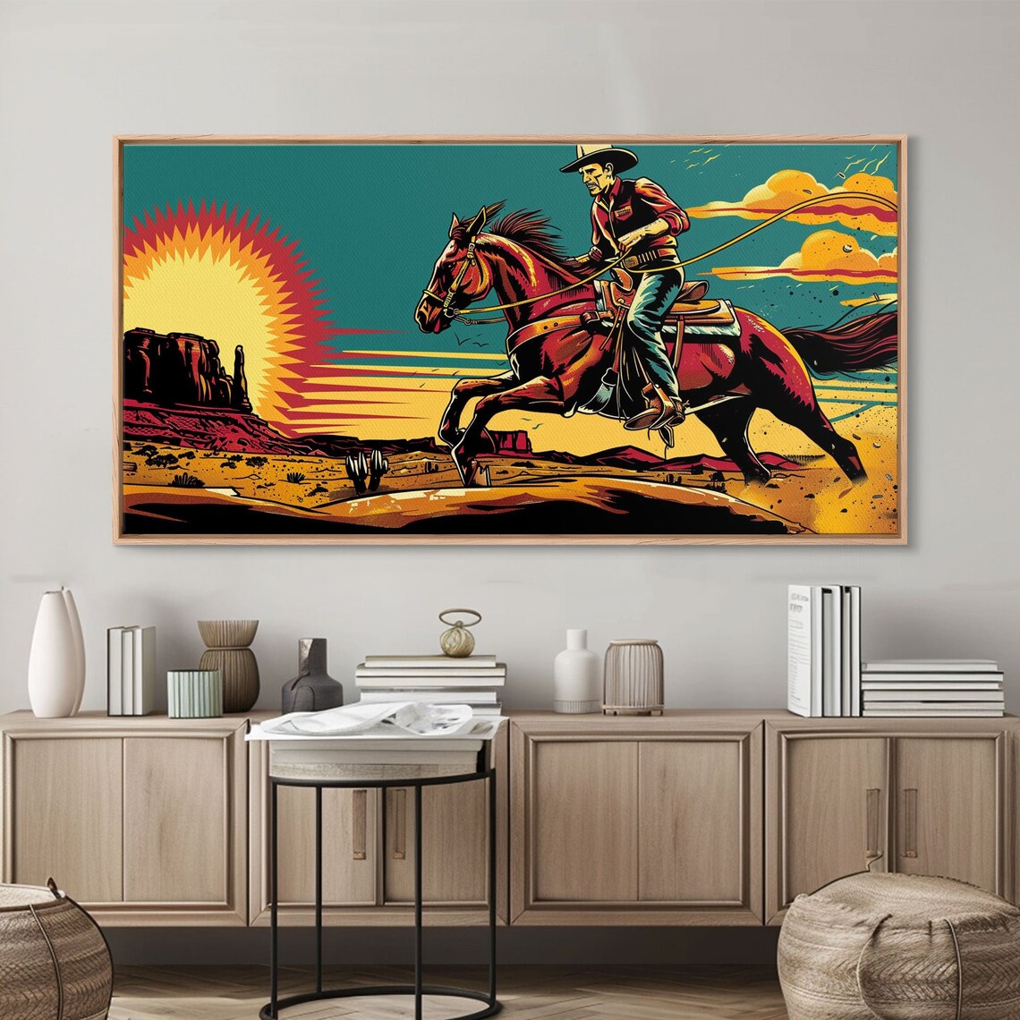 Cowboy Riding Through Desert Southwestern Landscape Art Framed Print Boho Decor Desert Art Rustic Wall Art
