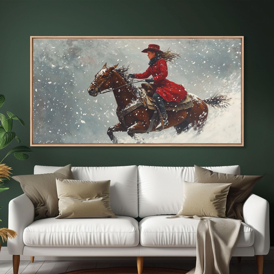 Cowgirl In Red Coat Galloping Through A Snowstorm Western Art Poster