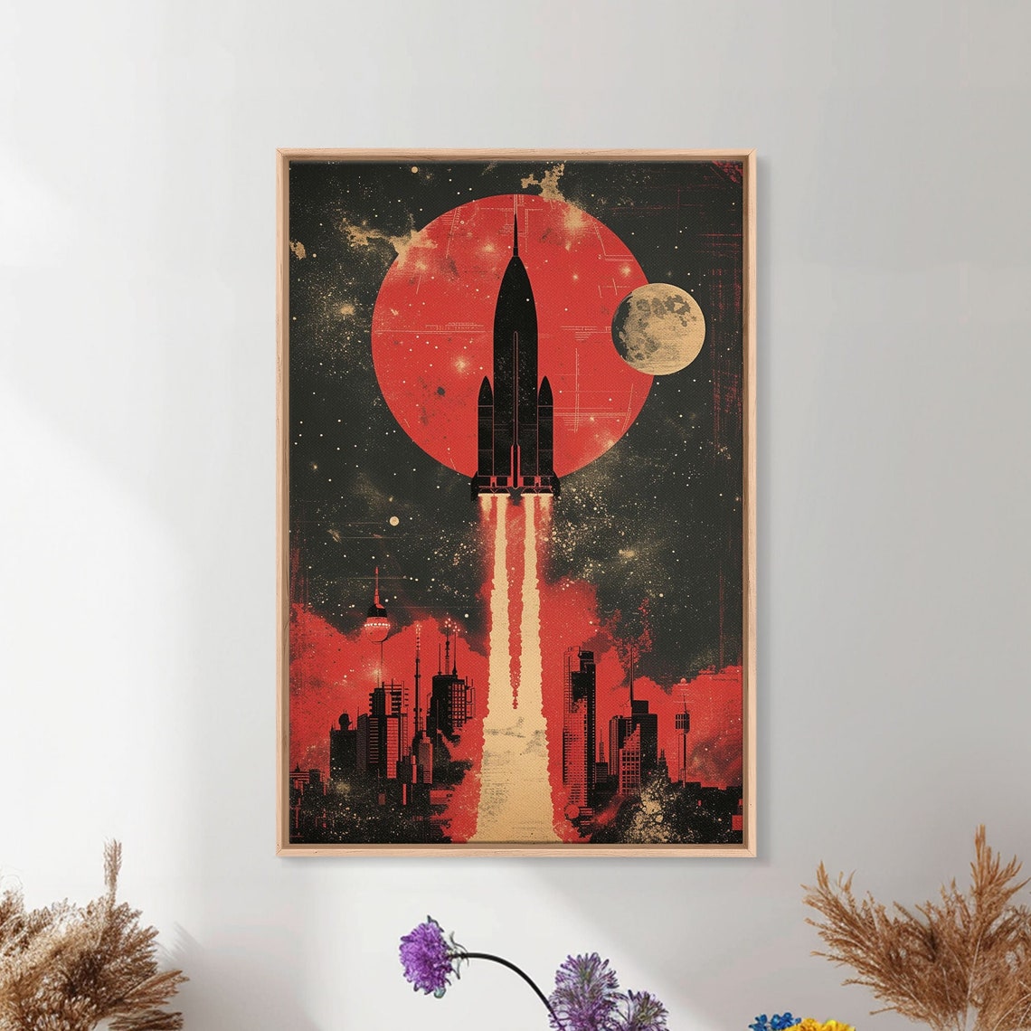 Retro Rocket Launch Night Poster Over Futuristic City with Red Moon