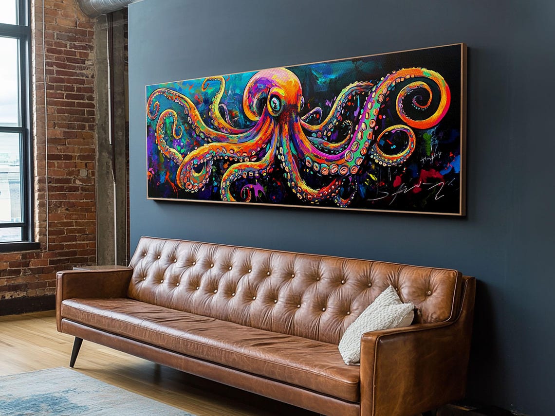 Neon Octopus Colorful Tentacles Dark Background Ocean Decor Poster - Image 2