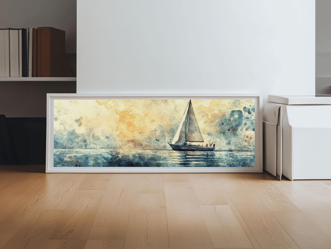 Sailboat Calm Sea Watercolor Panoramic Nautical Beach Decor Wall Poster - Image 4