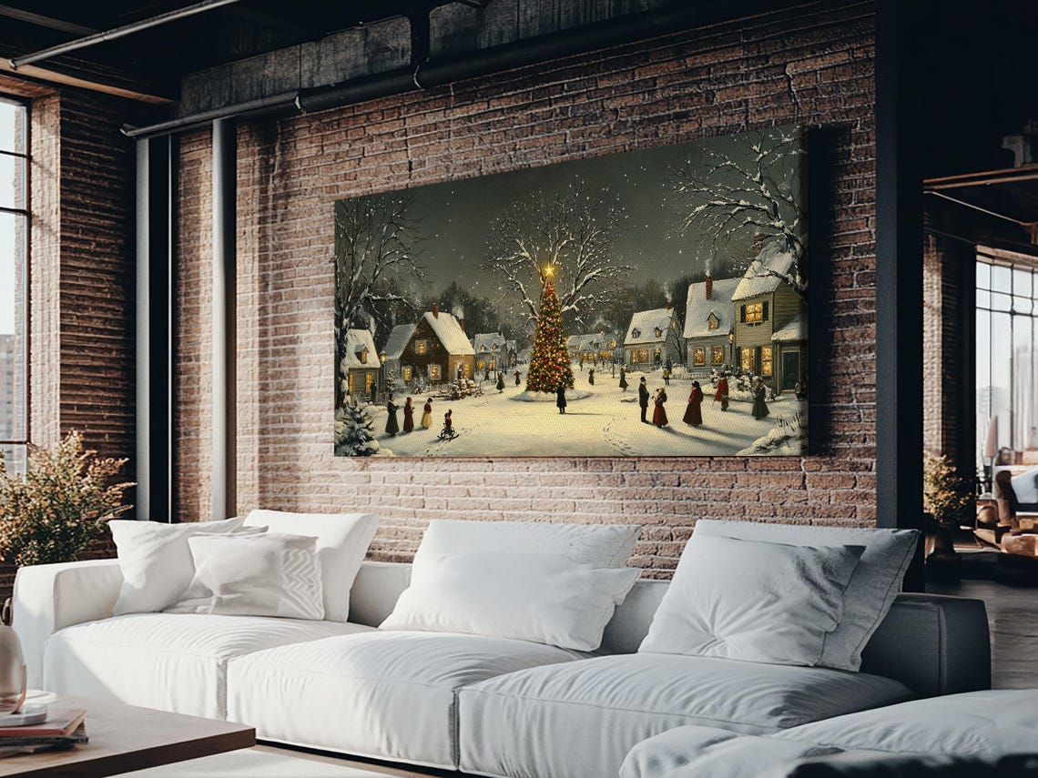 Snowy Christmas Village Square Night Gathering Lit Tree Art Print - Image 3