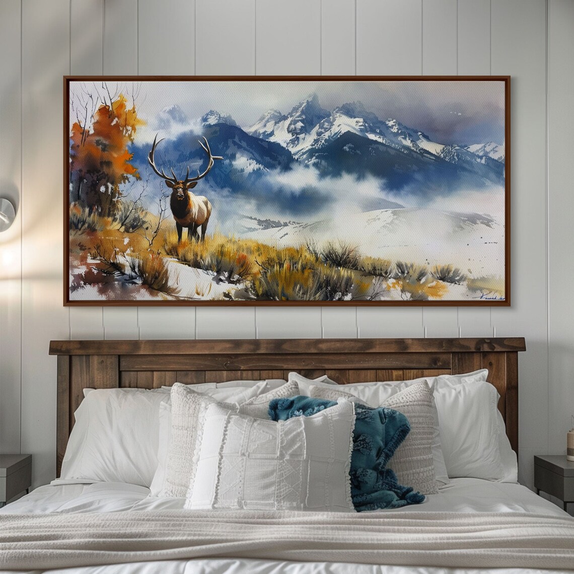 Elk With Grand Antlers In Snowy Mountain Meadow Watercolor Art Poster - Image 5
