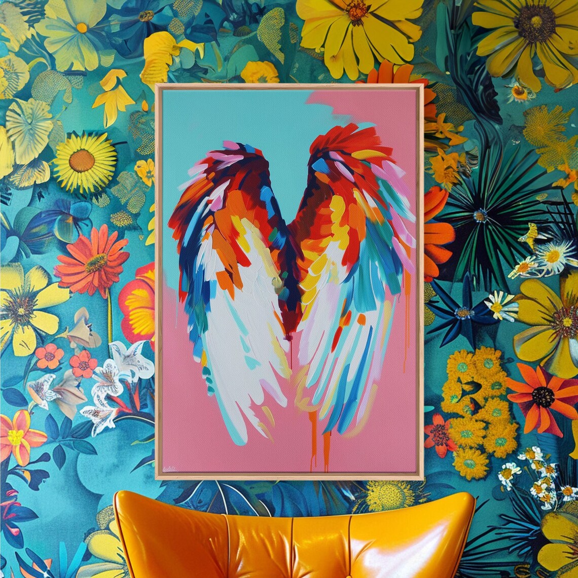 Colorful Angel Wings Pink Teal Feathered Wings Modern Art Wall Poster - Image 4