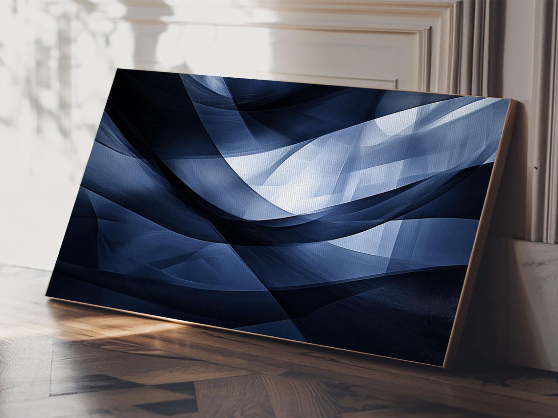 Flowing Blue Abstract Framed Print Minimalist Geometric Wall Art Above Sofa Decor Moody Panoramic Artwork Gift Living Room - Image 6
