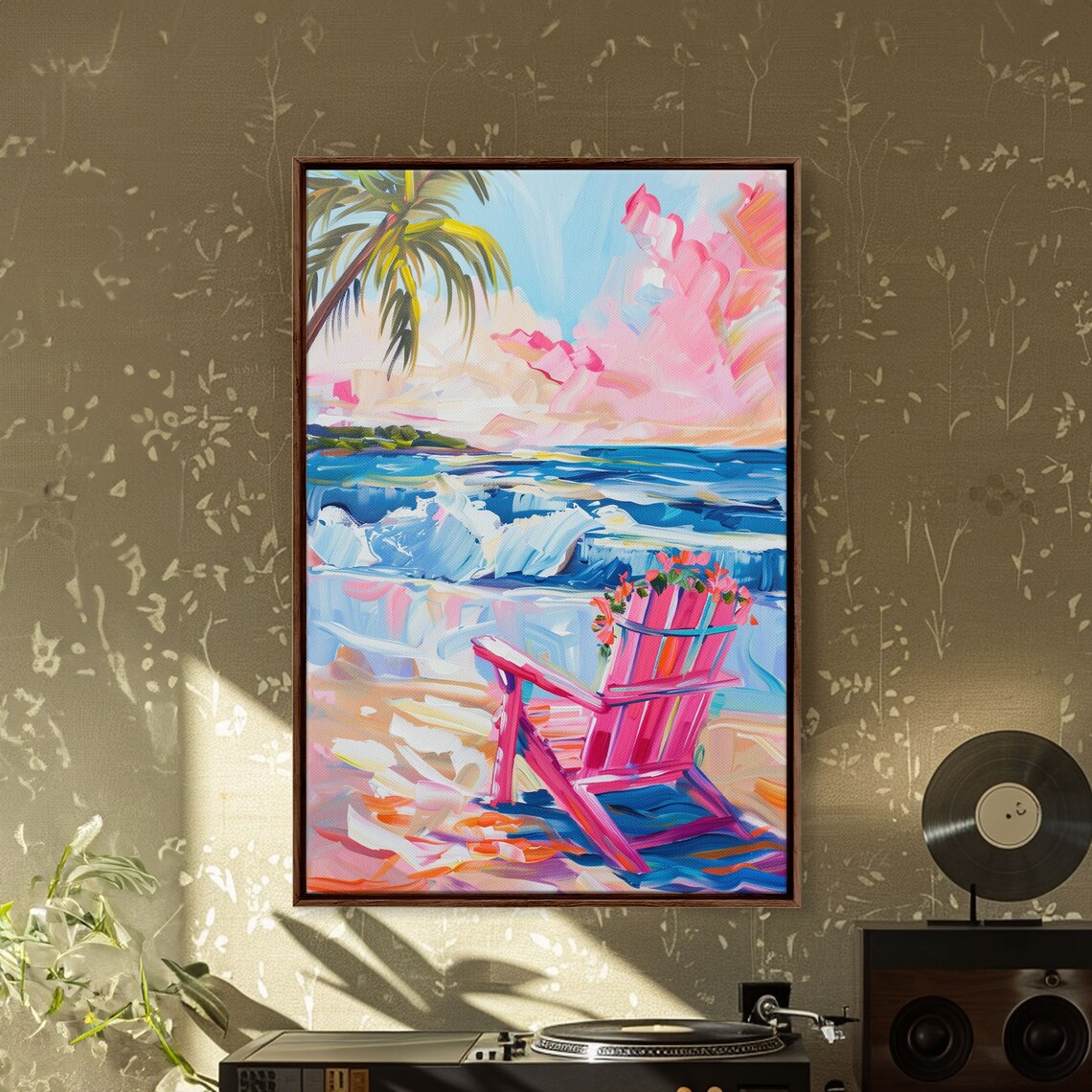 Vibrant Beach Scene With House and Palm Trees Art Print - Image 4