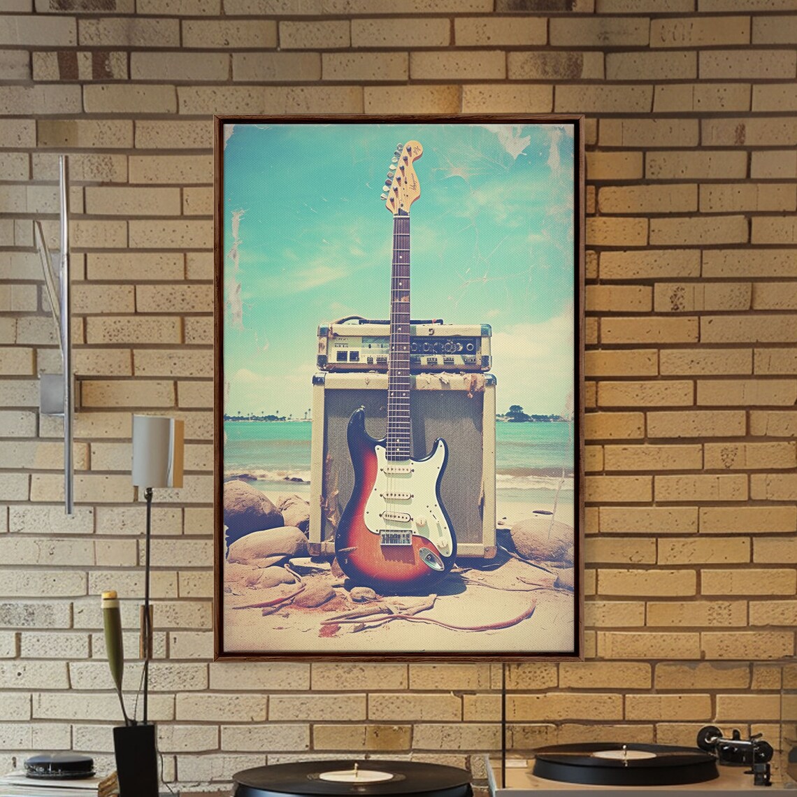 Sunburst Electric Guitar And Amp Stack On Rocky Beach Music Wall Poster - Image 5