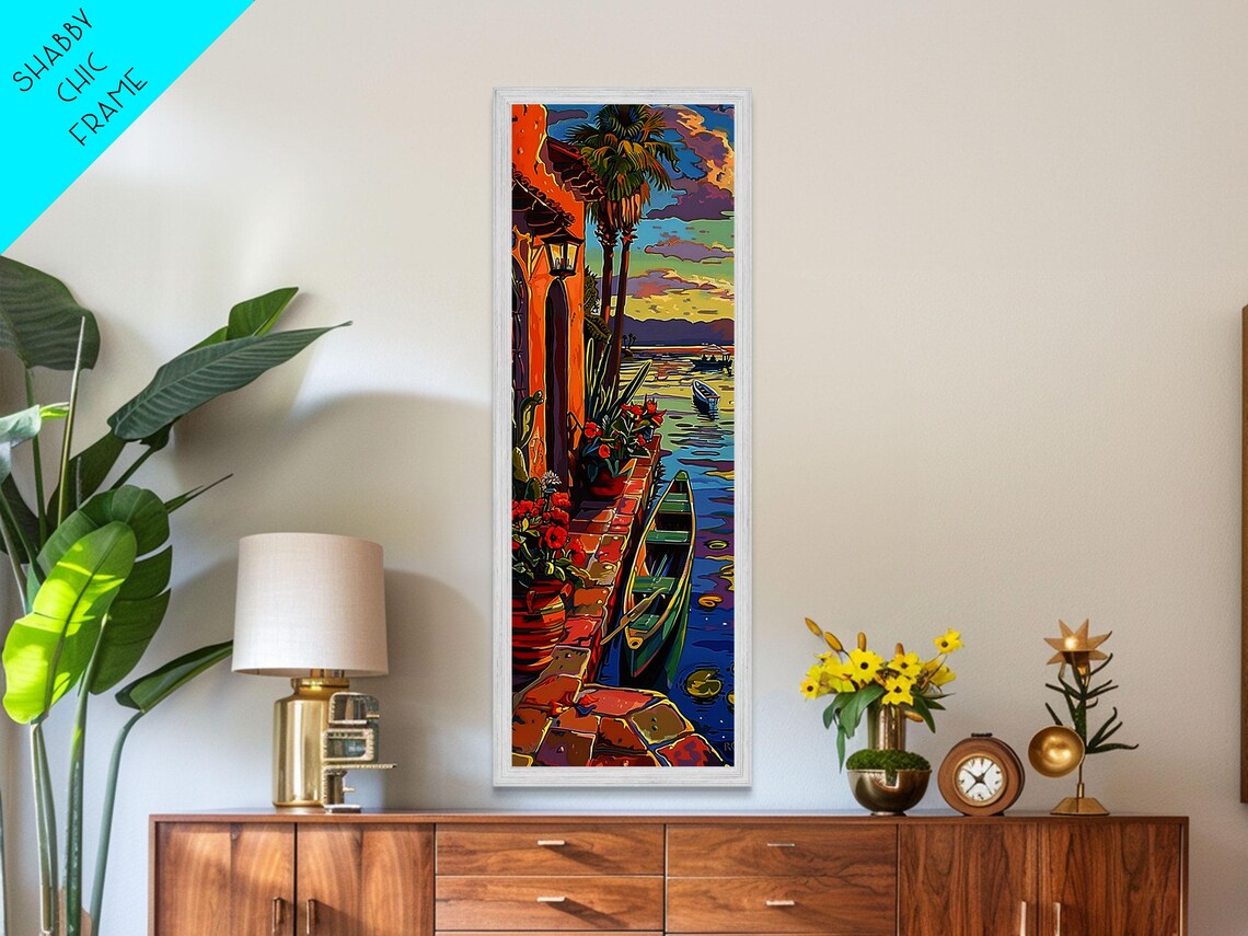 Tropical Waterfront Sunset Moored Canoe Palm Trees Golden Sky Travel Poster - Image 6